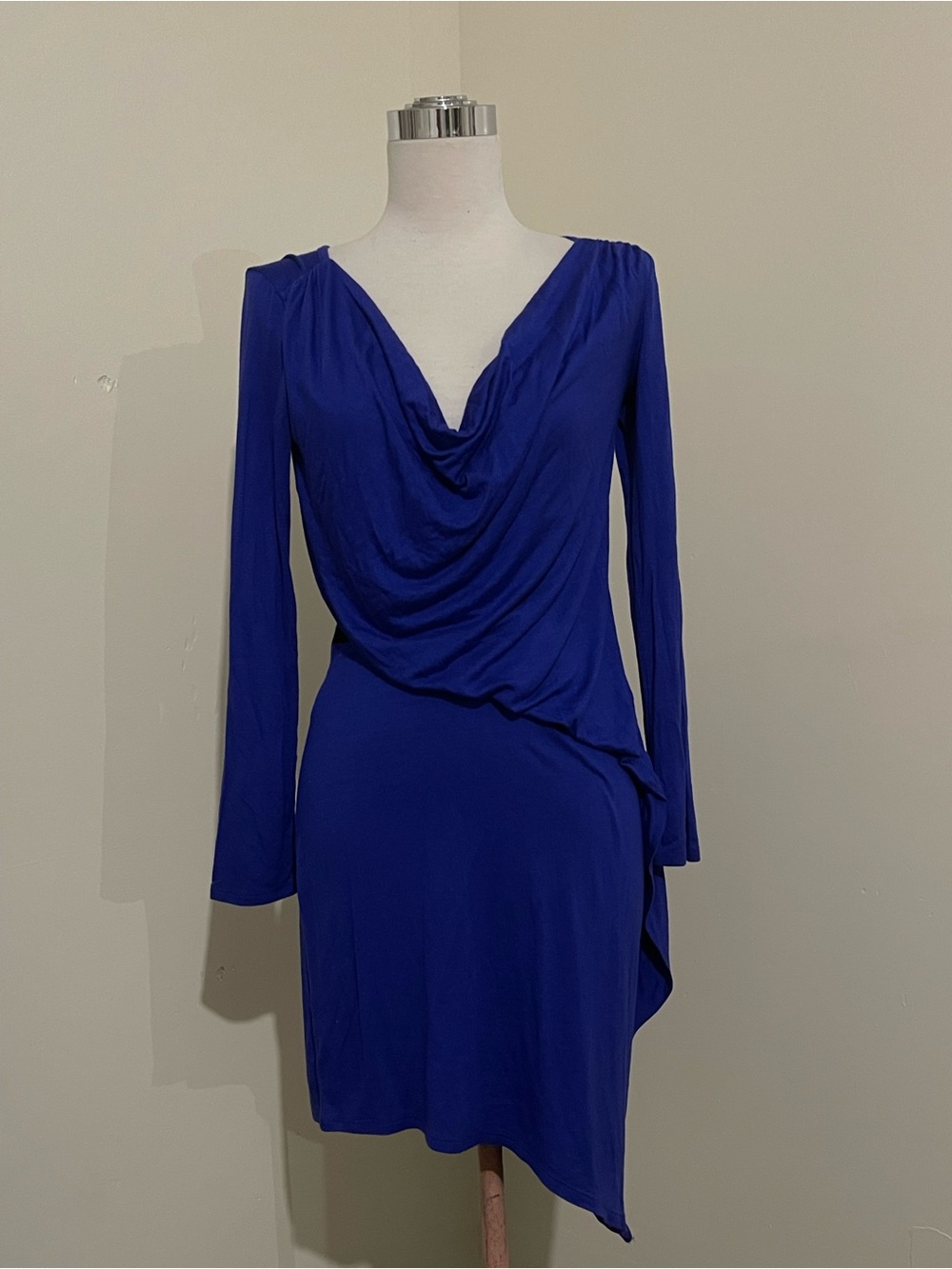Cobalt Blue Long-Sleeve Draped V-Neck Cocktail Dress